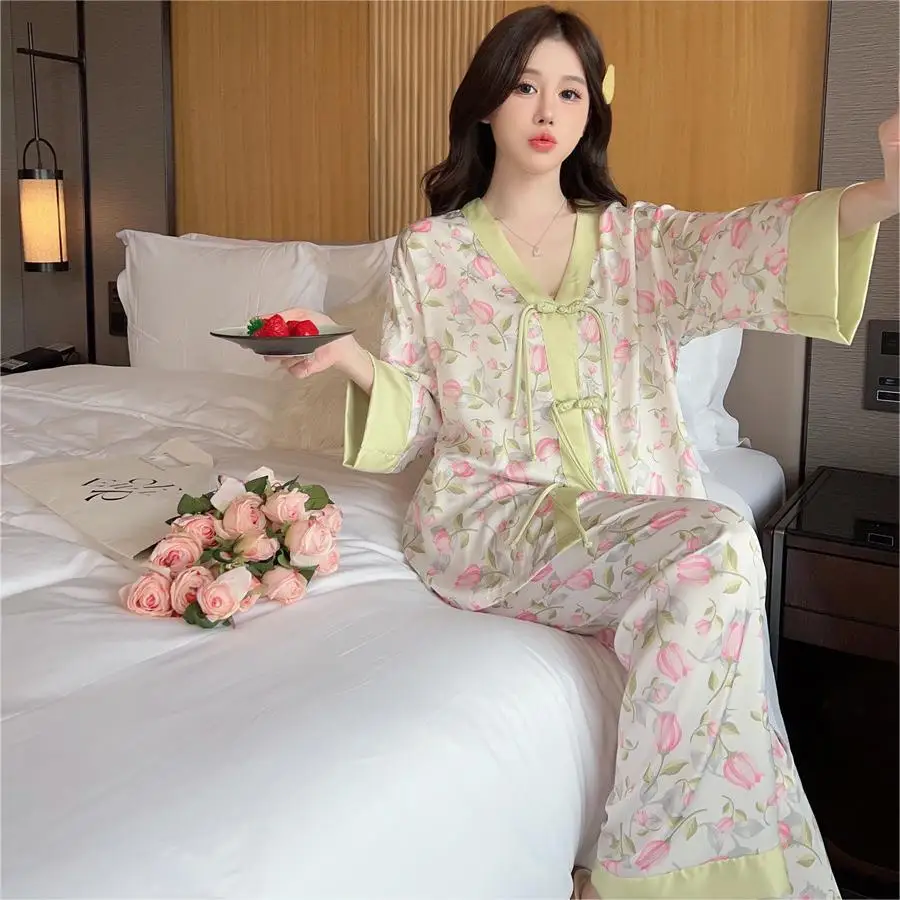 Ice Silk Pajamas Set Lady Top&pants Pyjamas Women Print Long Sleeve Sleepwear Lingerie Spring V-Neck Nightwear Home Clothes