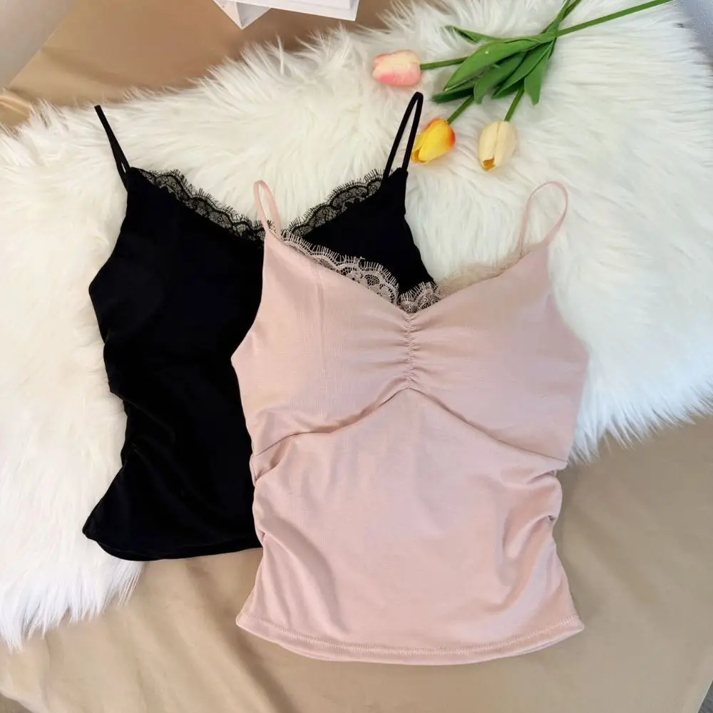 

Повседневный женский кружевной жилет с v-образным вырезом без рукавов, милый топ на бретелях для девочек, майки в корейском стиле, бюстгальтер с подушечками на бретельках для девочек