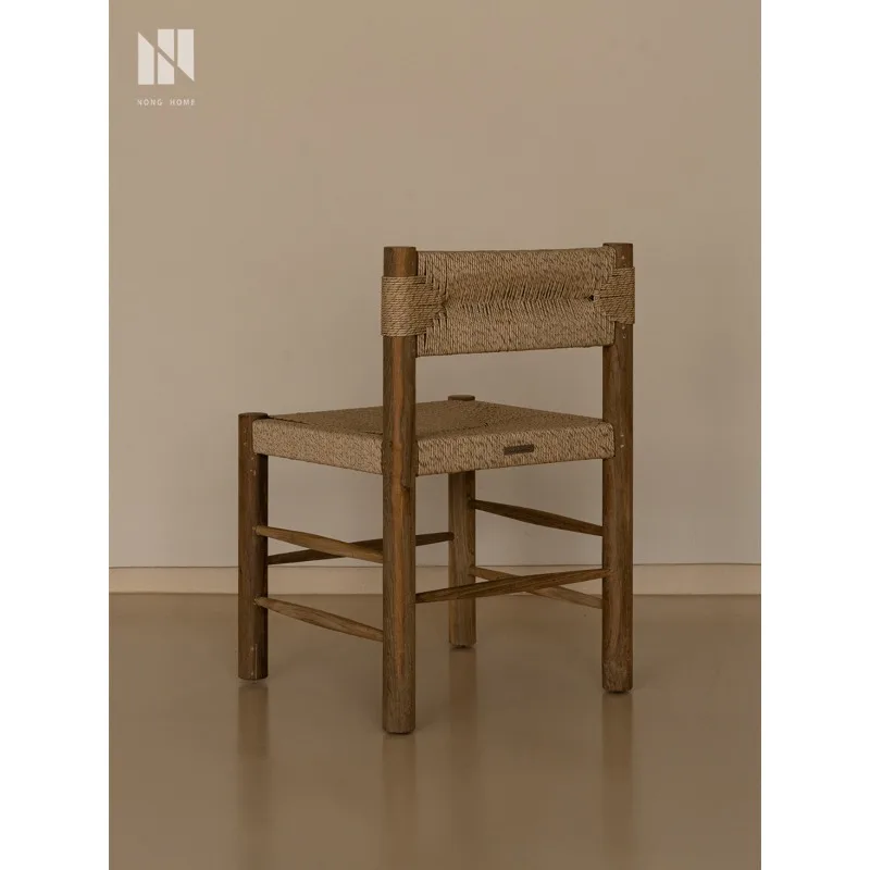 Organic Modern Dining Chair, Solid Wood Chair with Woven Fiber Seat, Natural Texture Wabi-Sabi Style Chair for Kitchen and Study