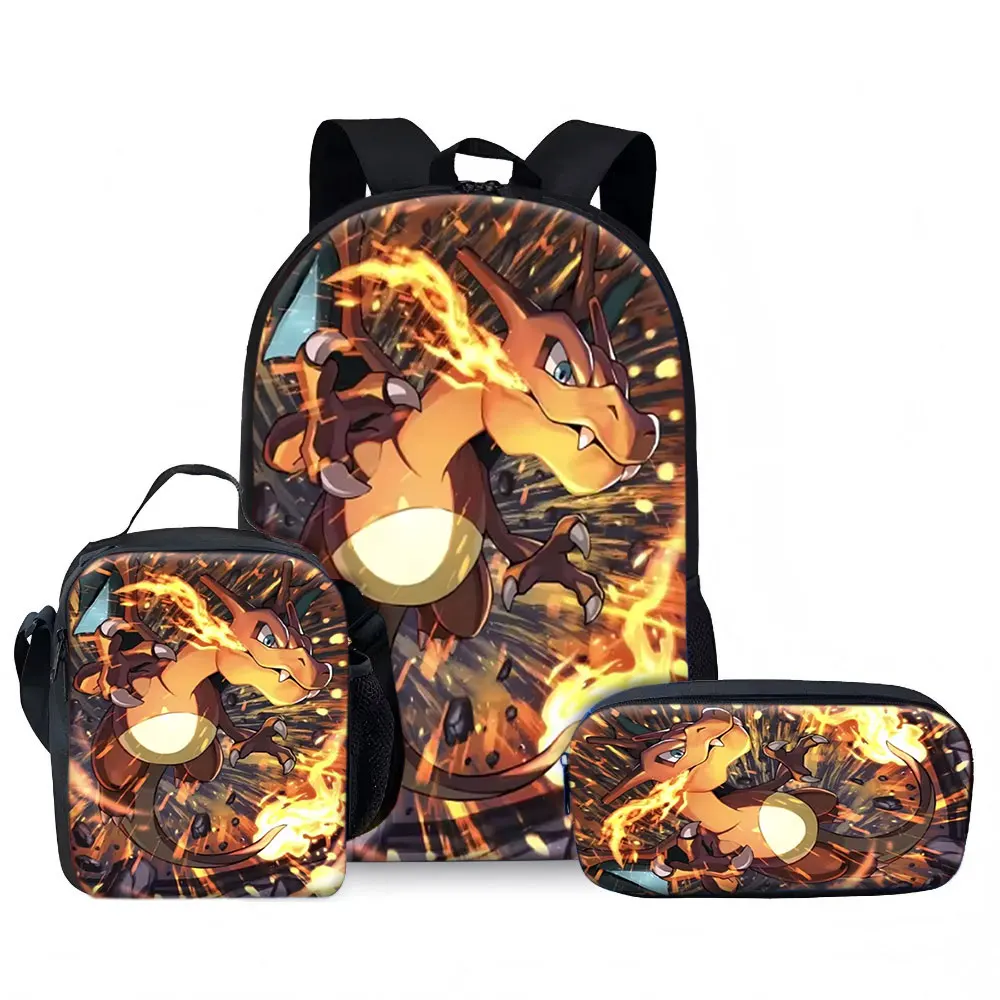 Kids Bag,Pokemon,Charizard 3pcs Backpack Set Flame Explosion Print Breathable Canvas School Bag for Kids Students