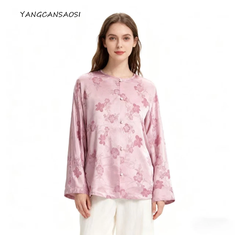 ملابس عصرية للنساء 35% حرير التوت الطبيعي 65% صوف جاكار نسائي برقبة دائرية وأكمام طويلة معطف سترة