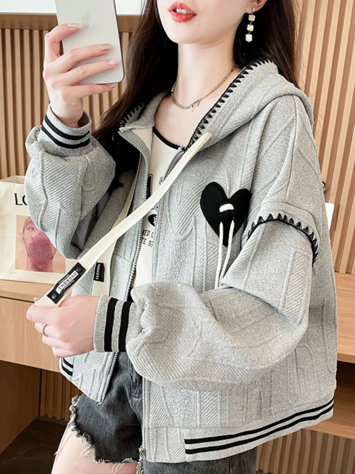 الحلو كلية نمط البيسبول موحدة سترة الفتيات أزياء ربيع الخريف خطوط فضفاضة القلب الرباط سترة هوديي معطف مقنع #3