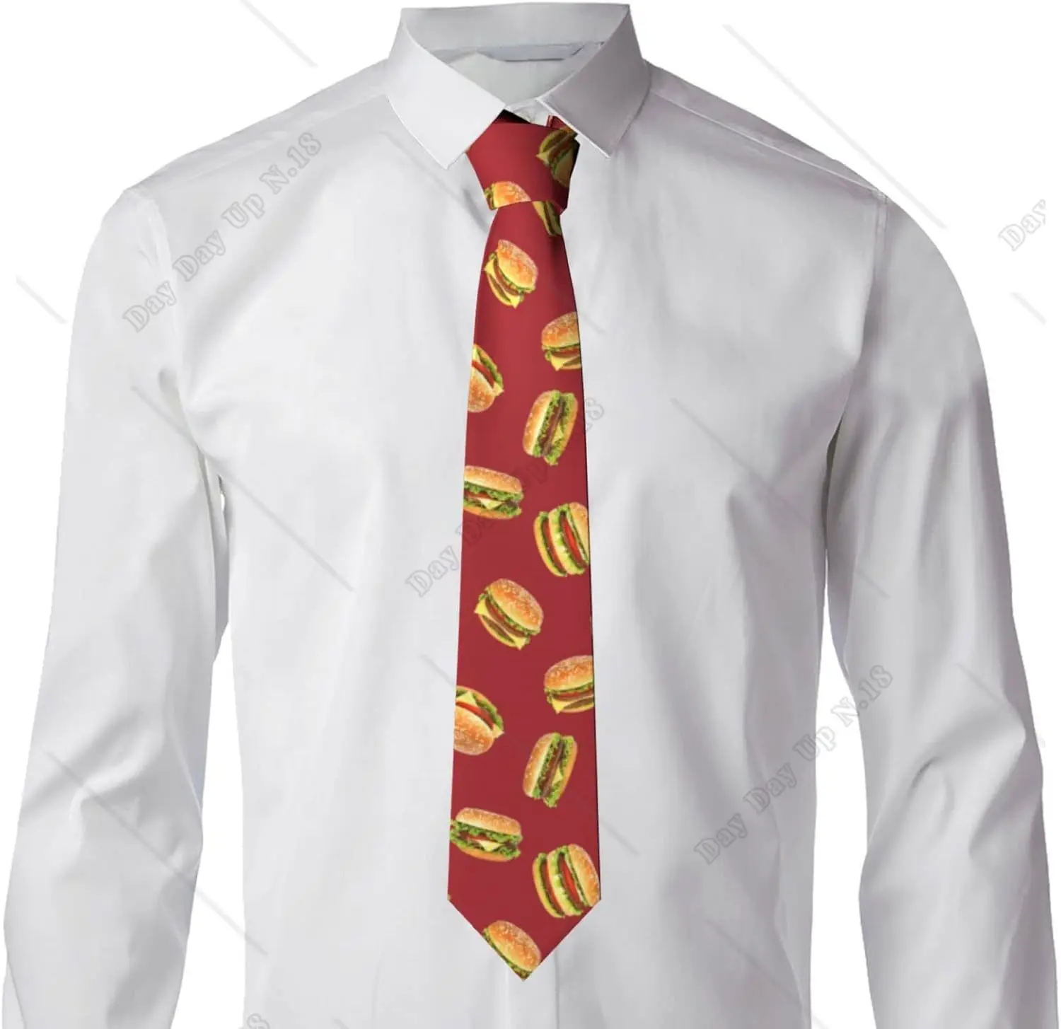 Funny Hamburger Ties for Men Crazy Red Hamburger Printed Slim Silk Necktie Fun Hamburger Costume Neck Tie Novelty Holiday