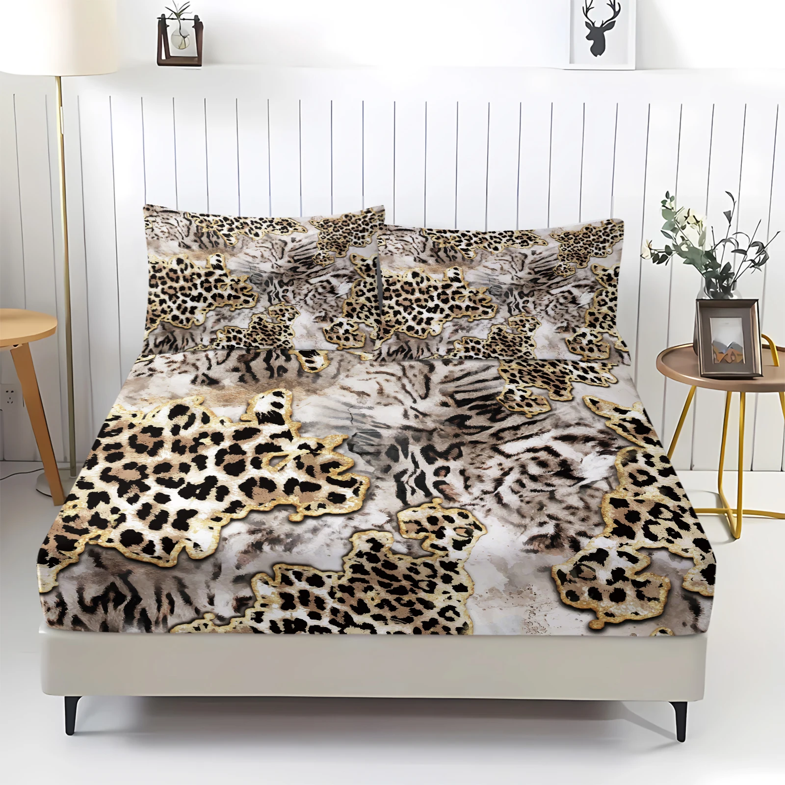 Vintage Spliced Leopard Fitted Bed Sheet Set Luxury Golden Edge Animal Print Bedding Mattress Protector Cover With Pillow Shams