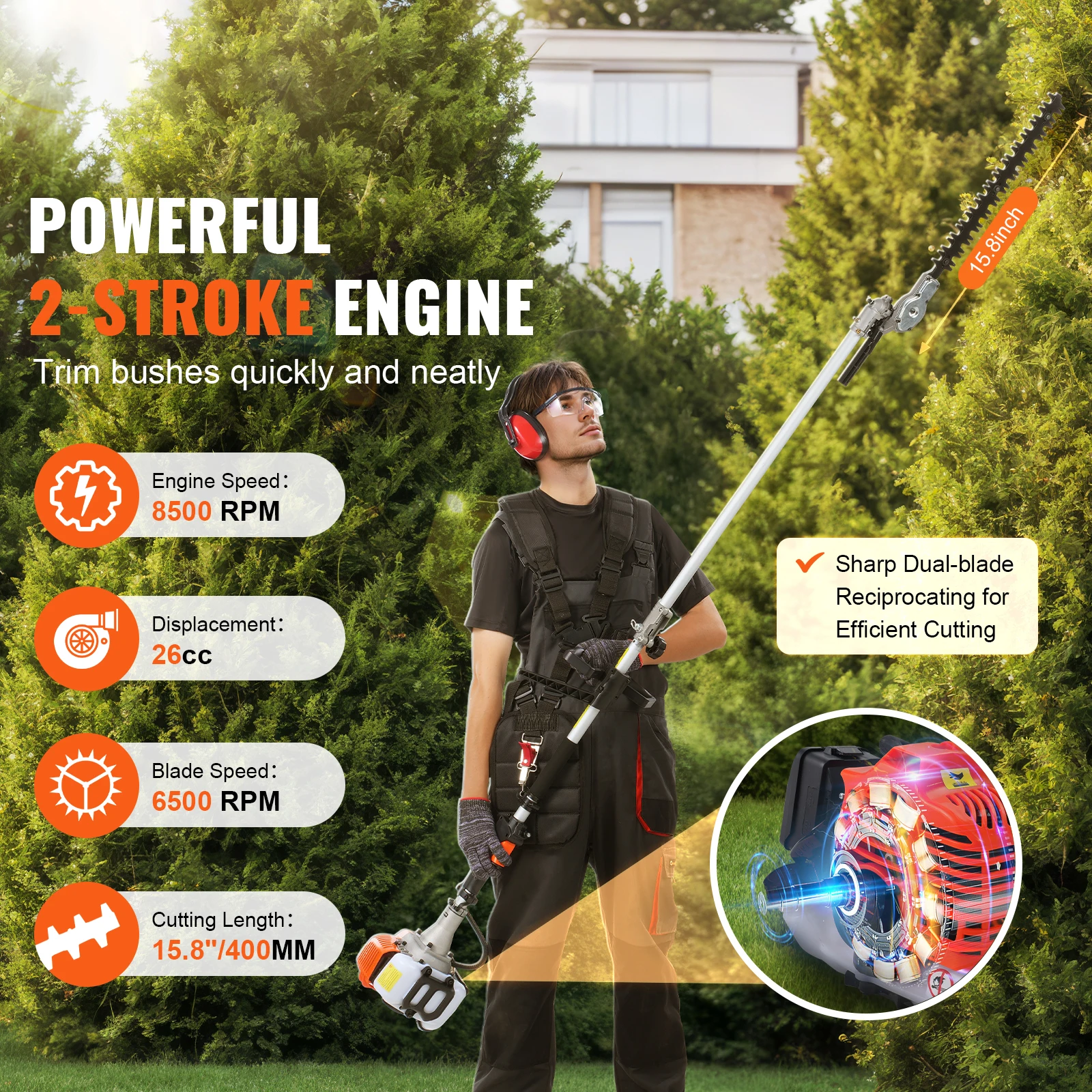 

15,7-дюймовый 26CC 2-тактный газовый триммер для живой изгороди, газовый триммер для живой изгороди 270 ° Регулируемая головка