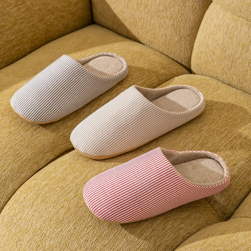 Simple Striped Home Slippers Men's Spring and Autumn Indoor Wooden Floor Bedroom Silent Comfortable Japanese Style Home Shoes