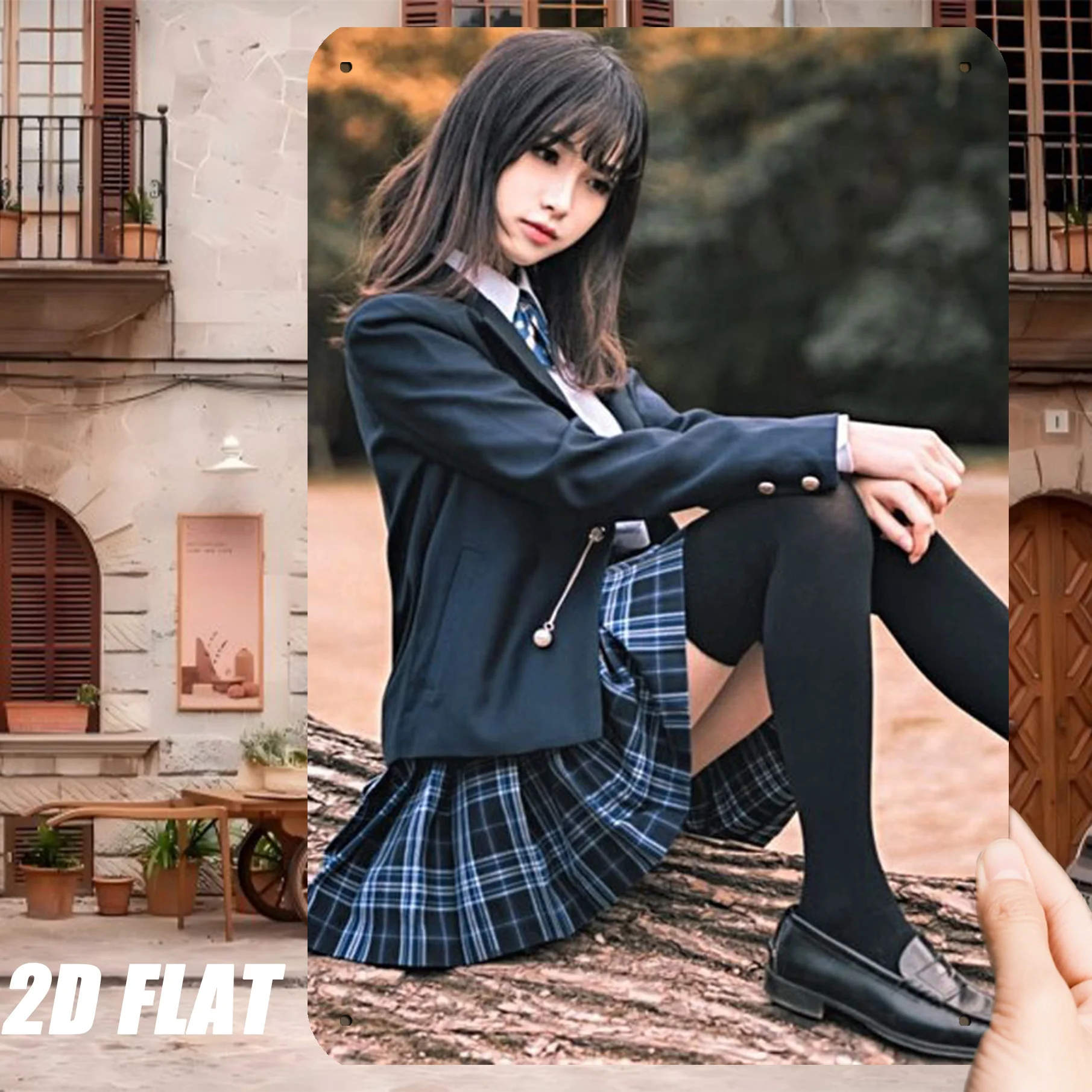 New Trendy HD Metal Wall Art - Modern 2D Flat Design Featuring an Elegant Japanese Schoolgirl in Classic JK Uniform with Navy Bl