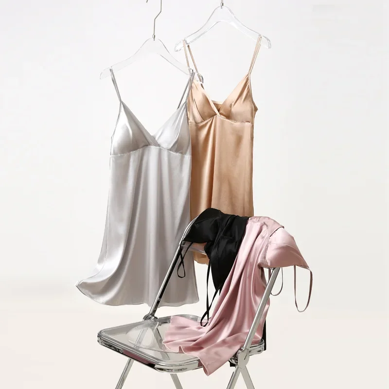 New Silk Satin Silk Sling Nightdress with Bra Cushion Women's Sexy Sleep Dress Mulberry Silk Strap Chest Cushion