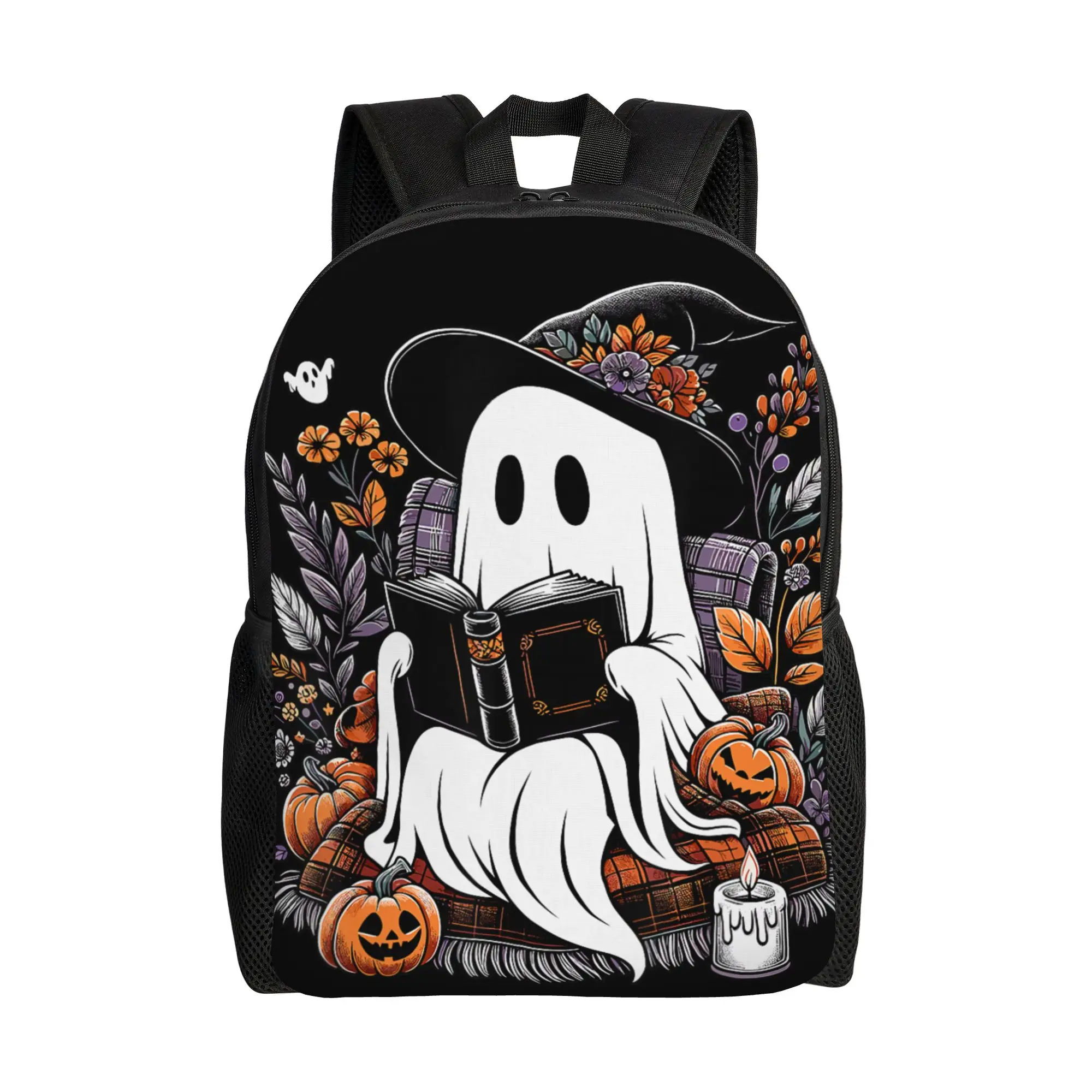 Ghost Reading Books Pumpkin Halloween Backpack for Men Women High School Work Daypack Laptop Computer Canvas Bags with Pocket
