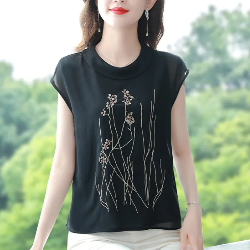 

Black Embroidered Chiffon Shirt For Women's Short Sleeve Loose Casual Shirt Fashion Pullovers Blouse