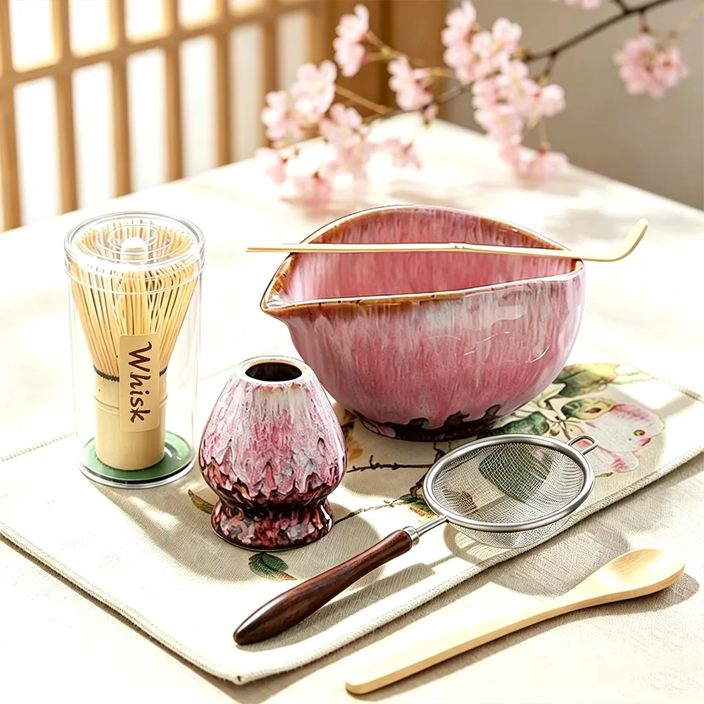 Japanisches Matcha-Tee-Set 7-teilig Keramikschale Bambusbesen Löffel Matcha-Besenhalter für Teeliebhaber Tee-Zubereitungswerkzeuge