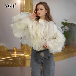 VGH Solid Patchwork Lace Up Irregular Blouses For Women Round Neck Long Sleeve Spliced Ruffles Casual  Pullover Shirts Female