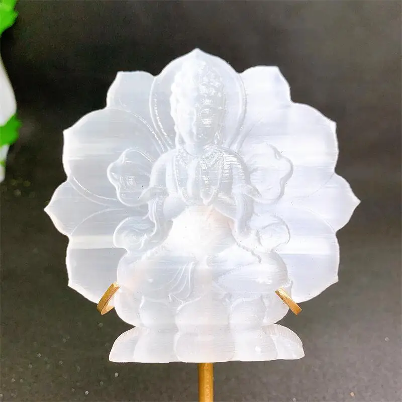 

10CM Natural Selenite Buddha Guanyin Crystal Carving Buddhist Healing Energy Stone Crafts Decorative Gift Home Decoration 1pcs