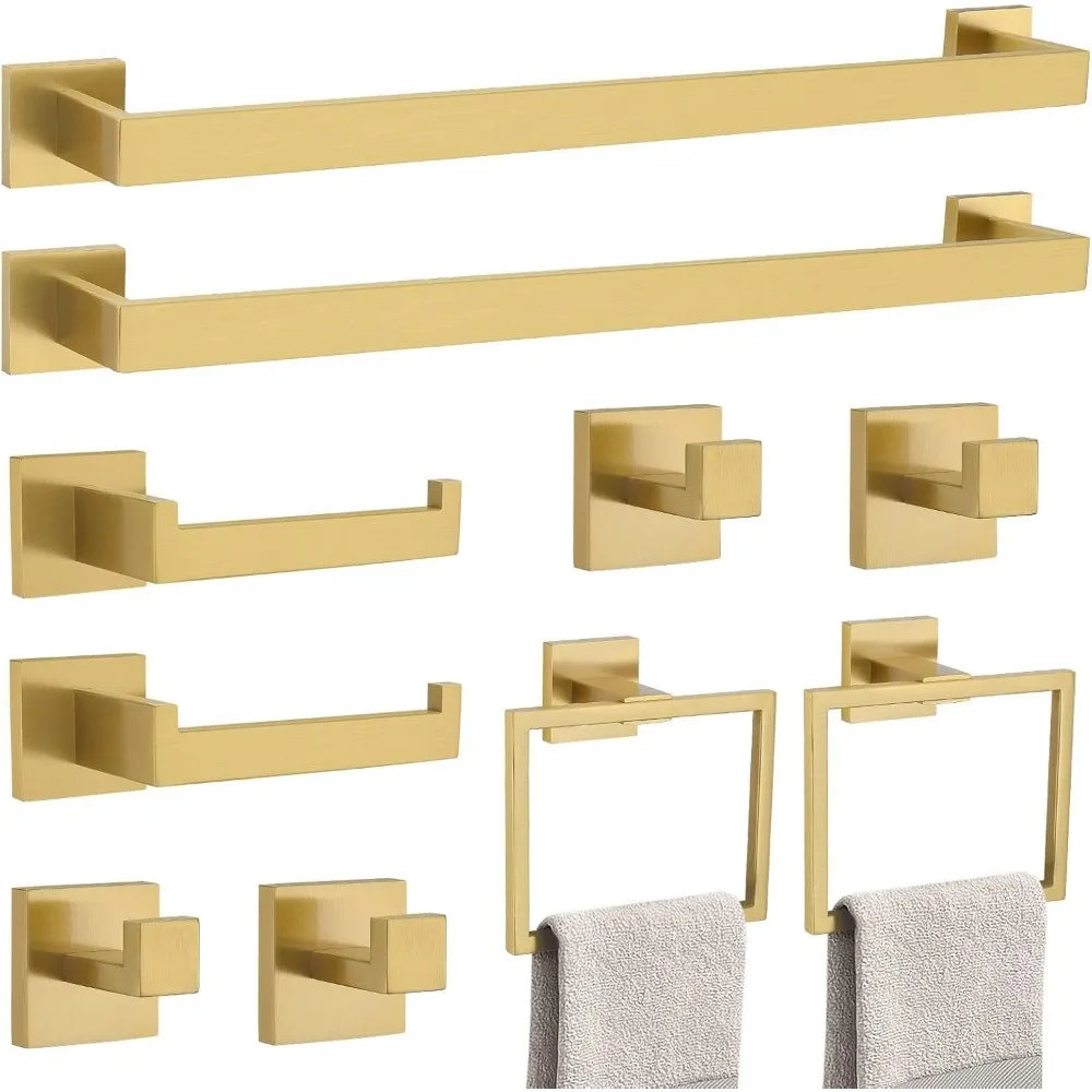 

10-Piece Brushed Gold Bathroom Hardware Set, Stainless Steel Towel Bar & Accessories, Wall Mounted 23.6-Inch