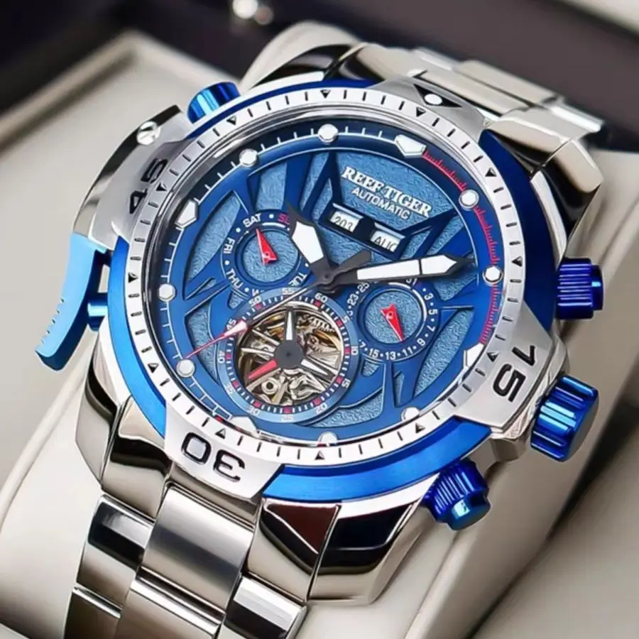 Reef Tiger Men Automatic Watch 46mm Mechanical Wristwatch Sapphire Mirror Luminous Waterproof Year Month Skeleton Flywheel Dial