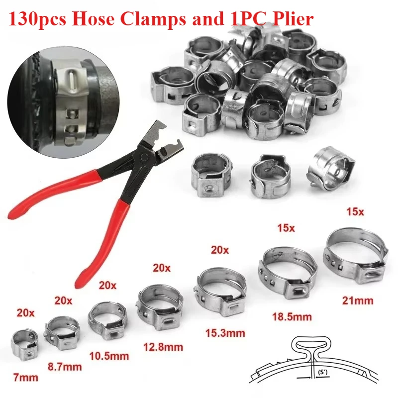 130 Stück stufenlose Schlauchklemmen mit einem Ohr und 1 Stück Clip-Klemmzange 7–21 mm Edelstahl-Kraftstoffrohr-Cinch-Klemmringe