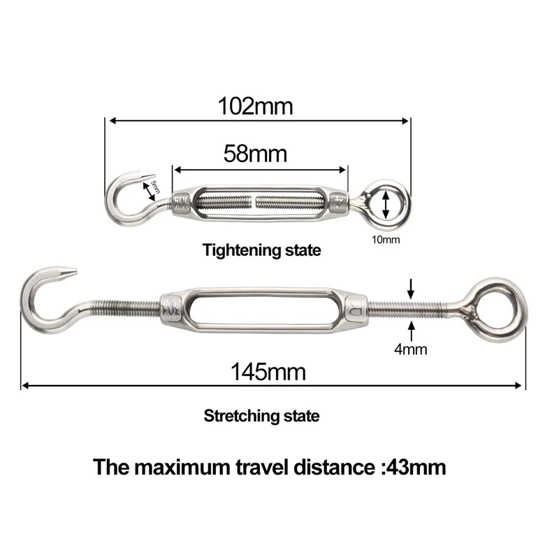 10Pcs tenditore per tenditore In acciaio inossidabile gancio e occhiello ganci per tenditore regolabili M4 bullone di estrazione della tensione della fune metallica