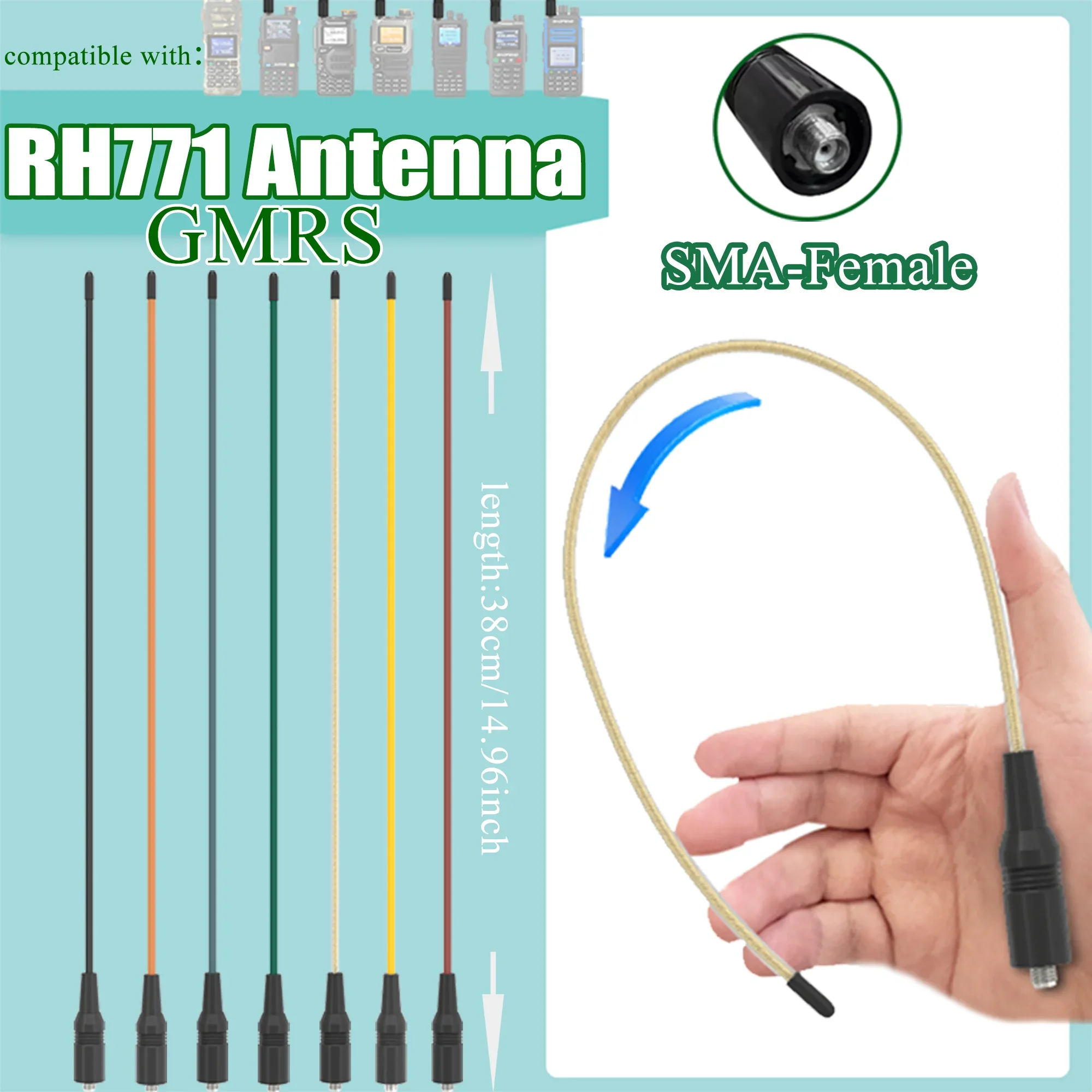 RH771 Walkie talkie Antenna GMRS SMA-Female Long Range Soft Antenna Dual-Band 136-174mhz 400-520mhz For Baofeng UV5RM UV-26 AR26