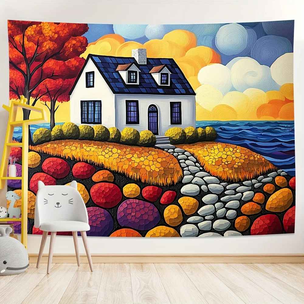 Beach cottage pattern Digital printing polyester wall hanging tapestry decorative Living room bedrooms Office background gift
