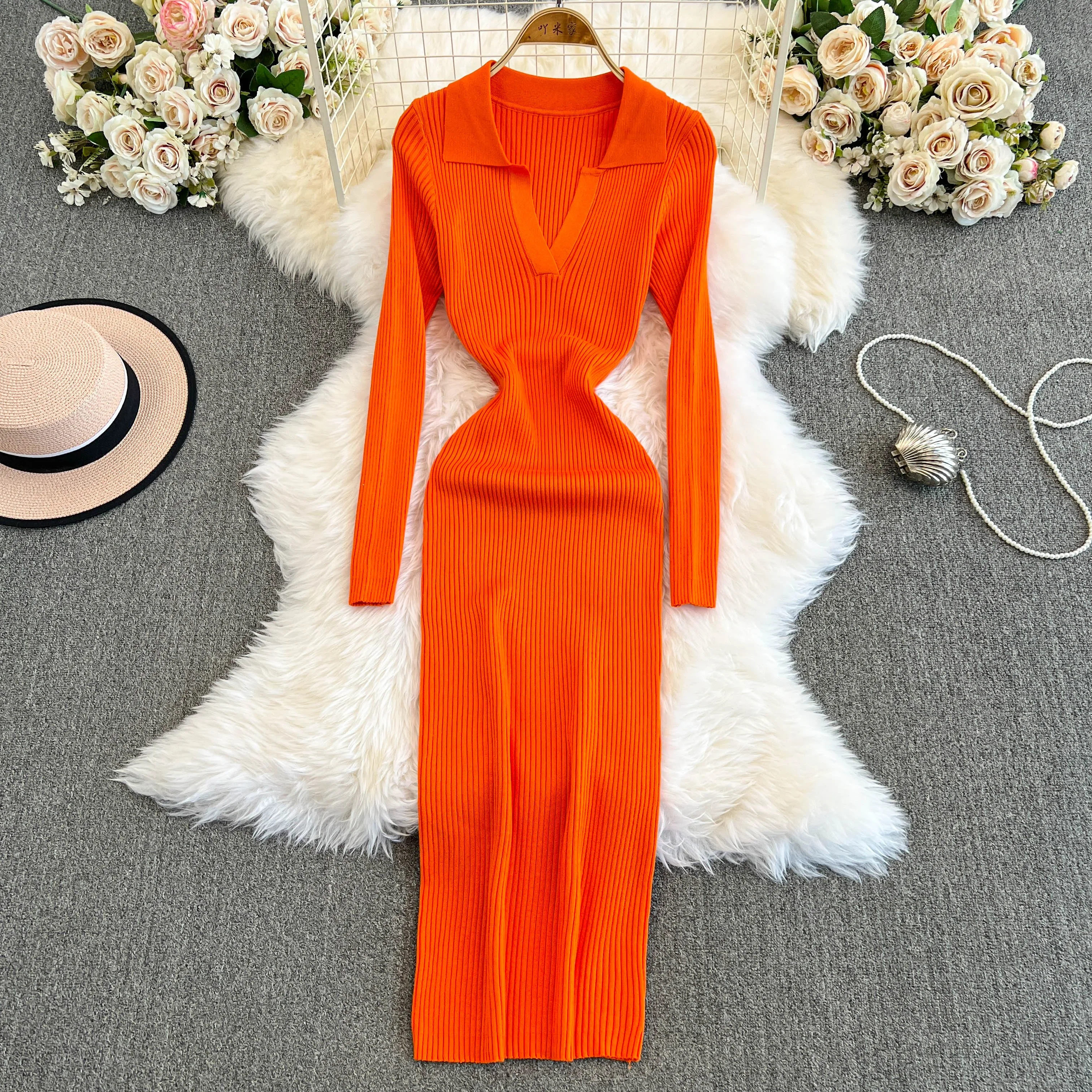 Retro v neck knit Autumn Winter Elegant summer Dress A-line lool Sleeve Vacation basics Women Vestidos dresses