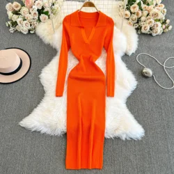 Retro v neck knit Autumn Winter Elegant summer  Dress A-line lool Sleeve Vacation basics Women Vestidos dresses