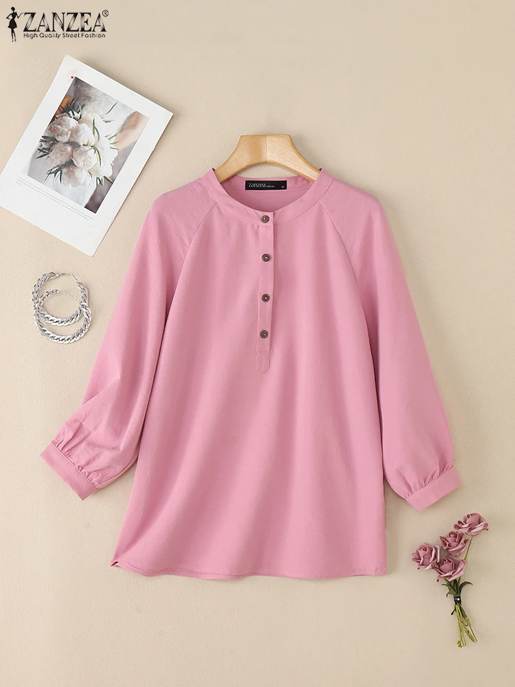 

ZANZEA Women Casual 3/4 Sleeve Blouses 2025 Autumn Half Buttons Round Neck Blusas Mujer Everyday Wear Solid Color Tops