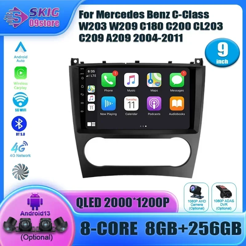 For Mercedes Benz C-Class C Class W203 W209 C180 C200 CL203 C209 A209 2004-2011 Car Radio GPS Carplay  Stereo Video Android 14