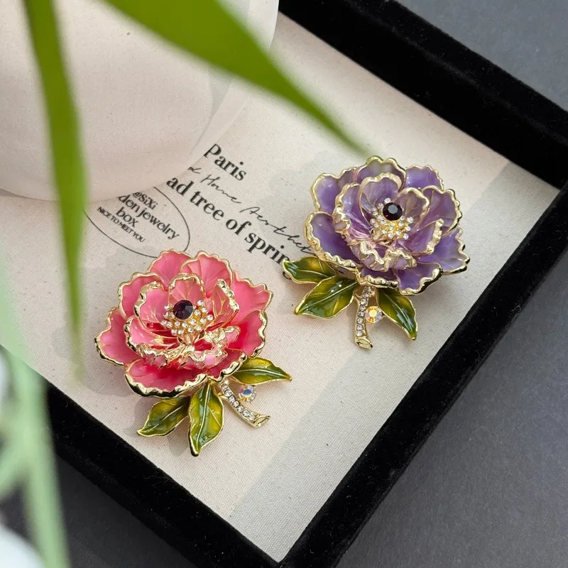 

High-end Peony Flower Exquisite Brooches Rhinestone Pins Clothing Jewelry Decorative Accessory Enamel Technique Making Flowers