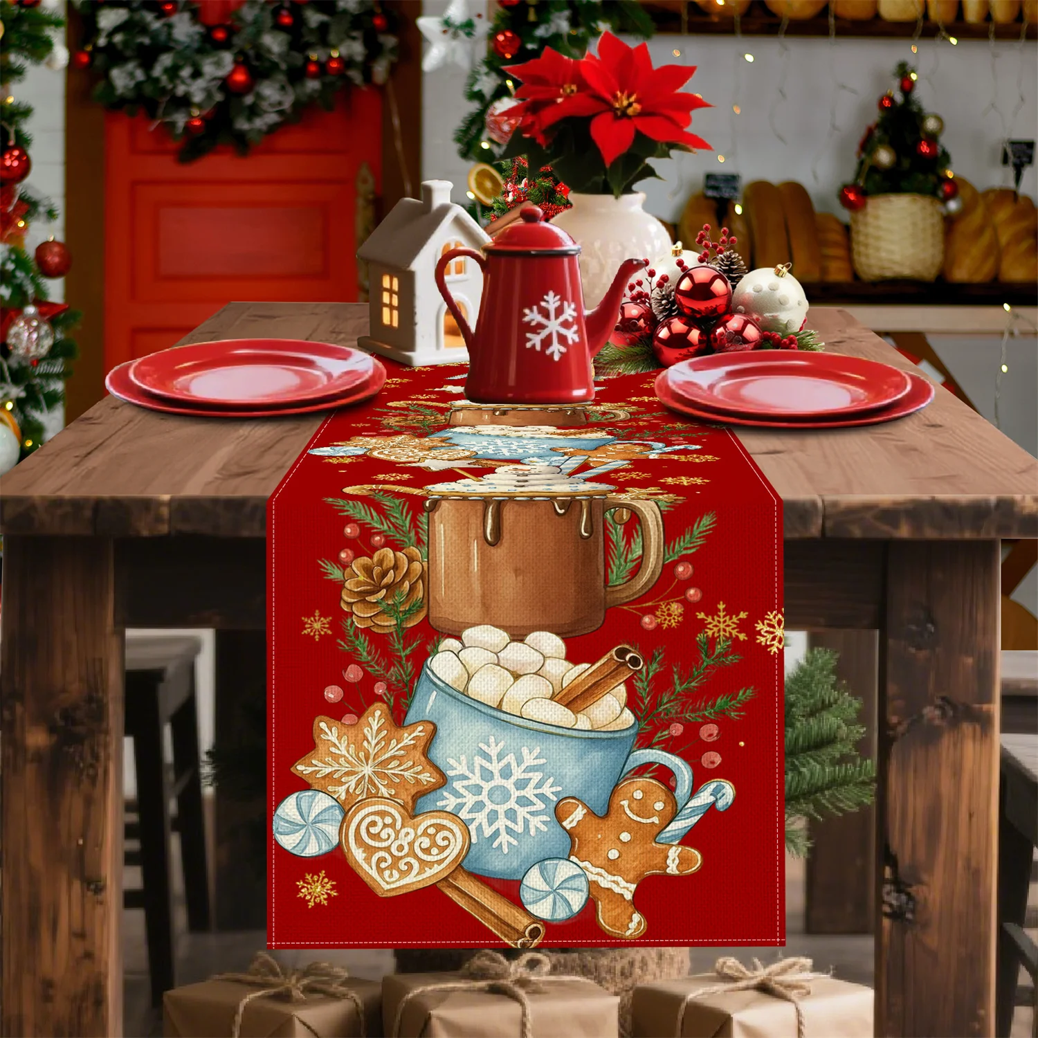 1pc Christmas Table Runner, Snowflake Gingerbread for Man Pine Branch Berry Dessert Design for Dining Table, Kitchen, Party Deco
