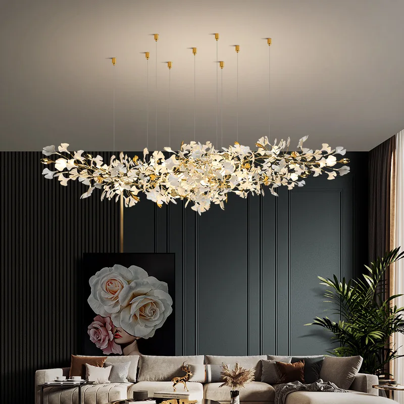 Ginkgo leaf stairwell long chandelier atmospheric light luxury villa duplex building loft hotel lobby creative art lamps
