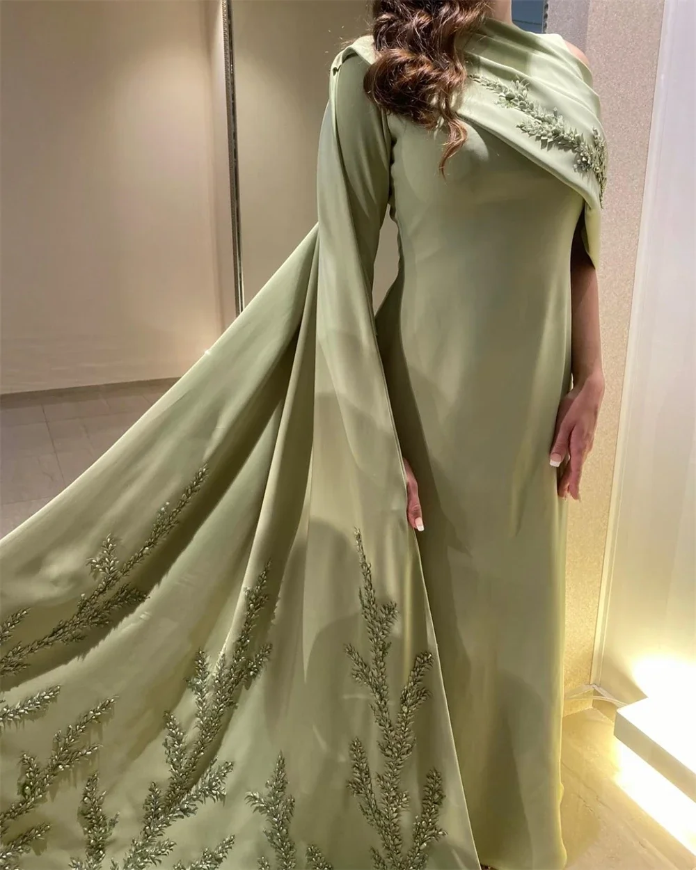 Customized High Quality Boat Neck Sheath Stole Appliques Party Dress Floor Length Formal Evening Fashionable Forefront Carefully