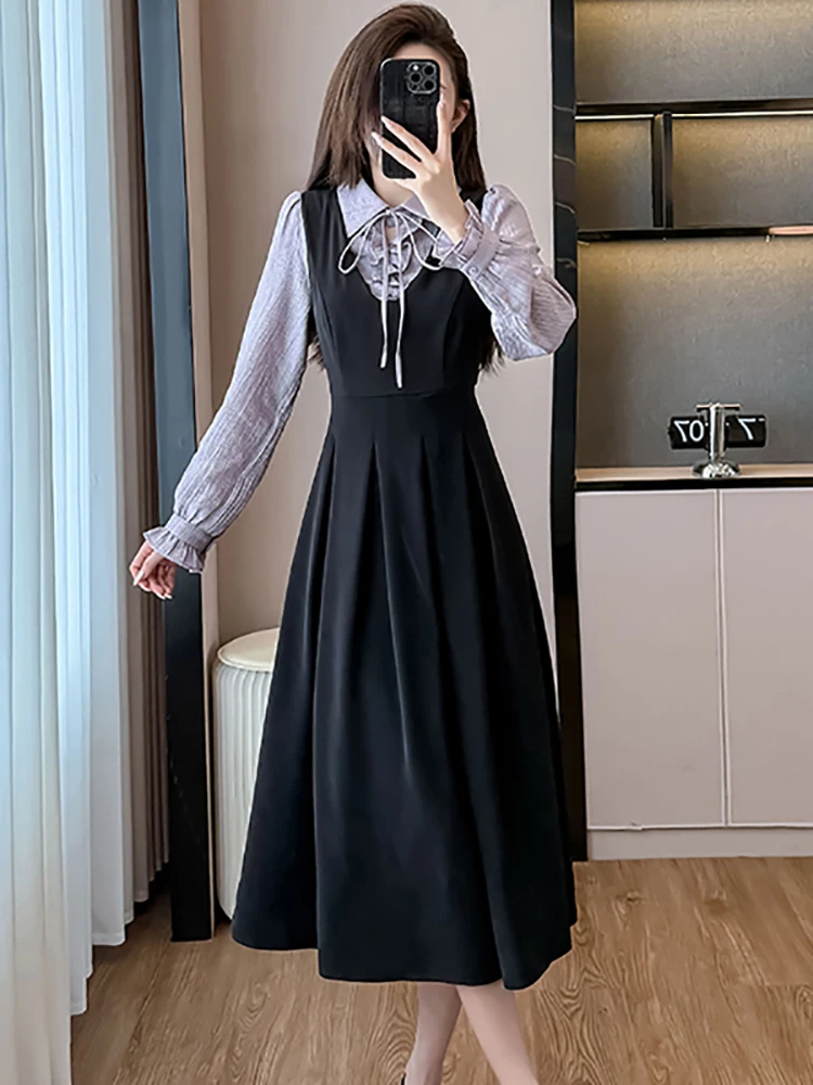 Robe longue noire en Patchwork pour femmes, manches longues, col Polo, avec nœud, élégante, moulante, Vintage coréenne, automne hiver, 2025