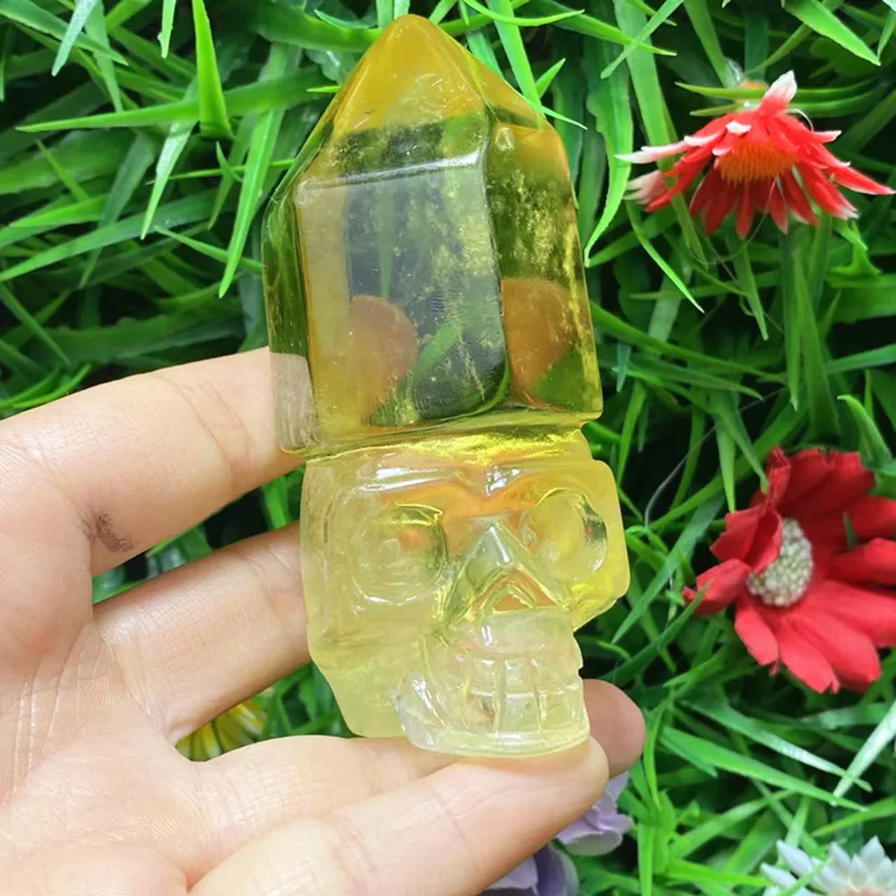 Natural quartz crystal Red rabbit hair citrine green Dongling hair gold hand carved skull home decoration chakra