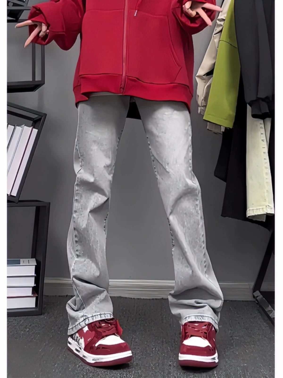 

American Sle Slim Fit Jeans Men's Spring Season High Rise Straight Leg Cement Color Elastic Denim Pants Youth Trendy Wear