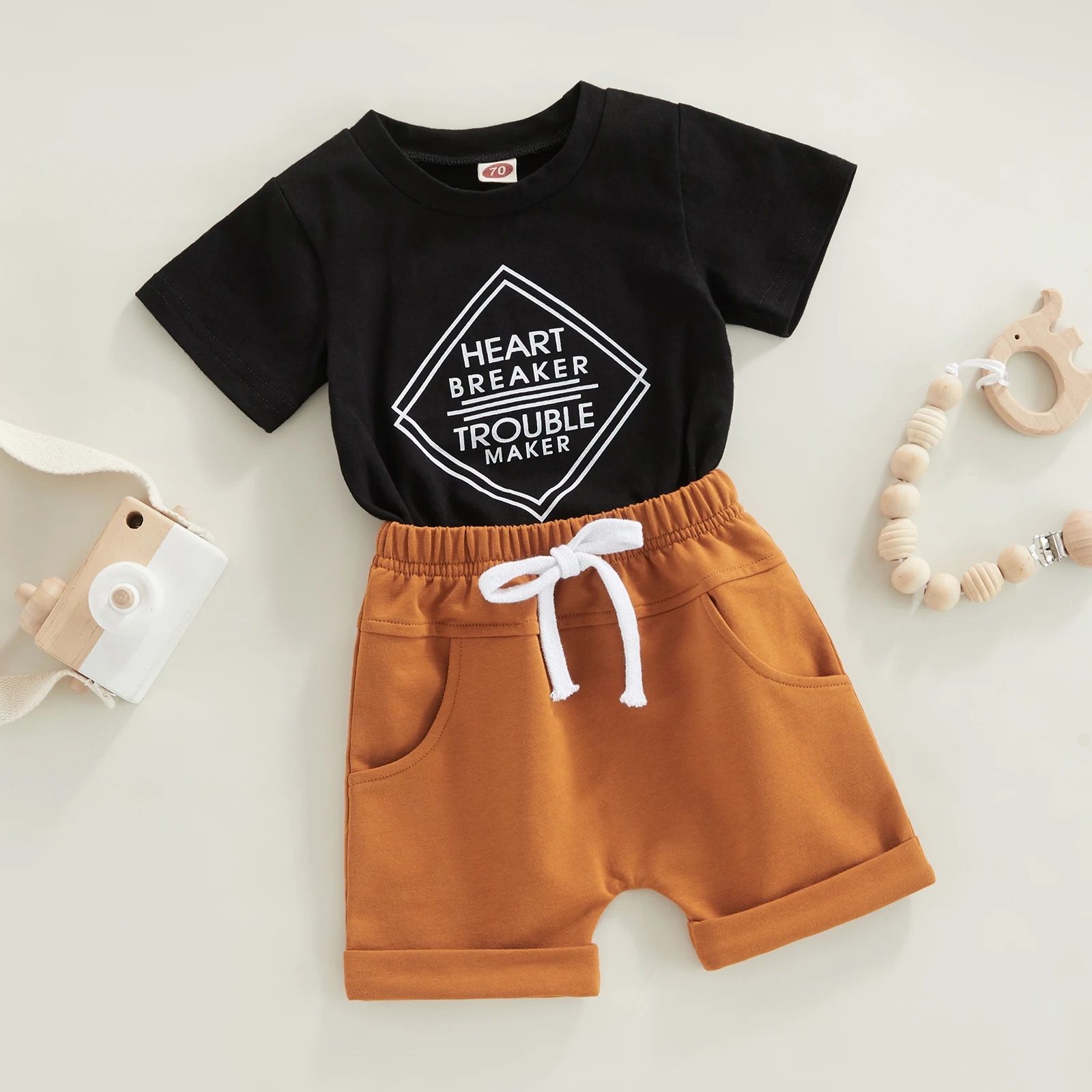 

0-3T Toddler Boys Summer Outfit Sets Short Sleeve Letter Print Black Tops + Solid Color Drawstring Shorts