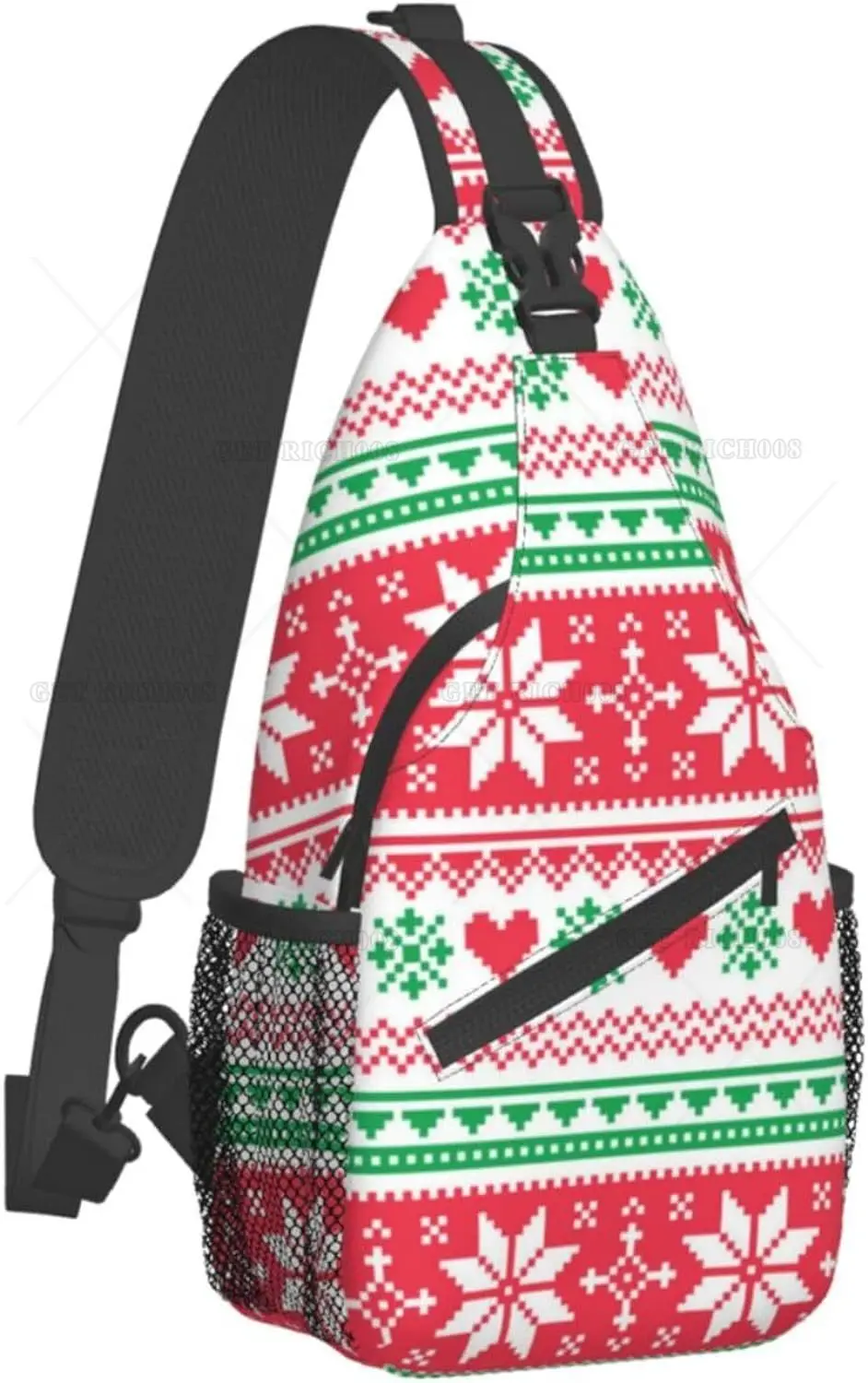 Red and Green Sweater Pattern Christmas Snowflake Crossbody Sling Backpack Sling Bag Travel Hiking Chest Bag Daypack One Size