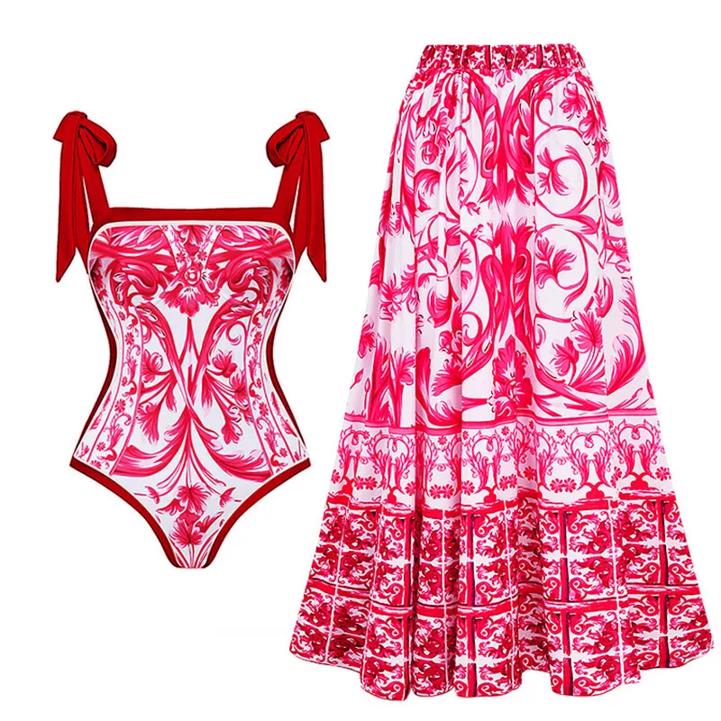 

hot spring skirt New double-sided sexy one-piece swimsuit women's conservative hot spring vacation swimsuit wrapped skirt set