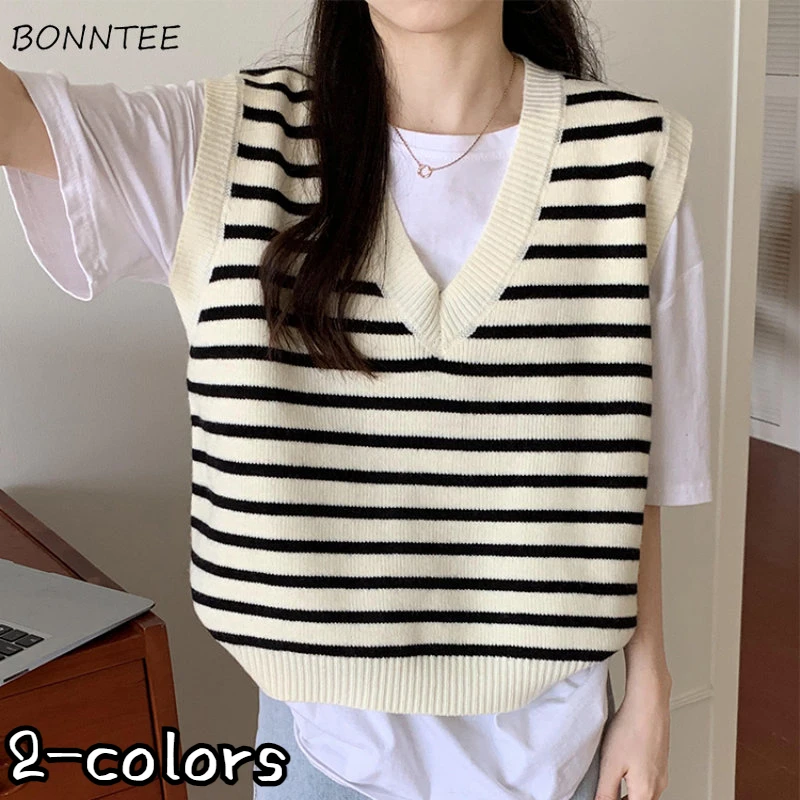 

Striped V-neck Sweater Vest Women Knitwear Autumn Korean Fashion Ulzzang Жилетка Женская Stylish Preppy England Style Popular