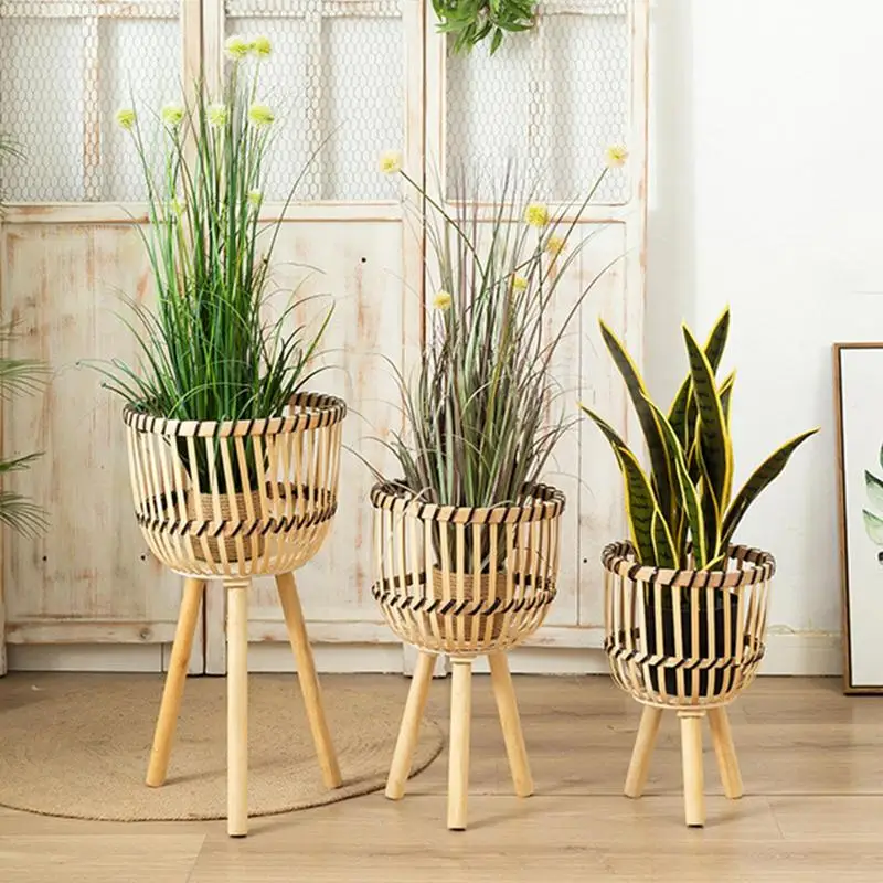 Woven Plant Stand With Legs Decorative Wooden Planter Holder With Handwoven Bamboo Basket For Indoor Plants Potted Plants Flower