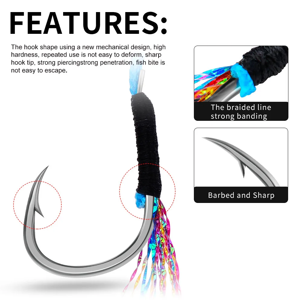 

3pcs Feather Hook with Bright Wire for Saltwater Lure Fishing Strong Braided Mainline Assist Hook
