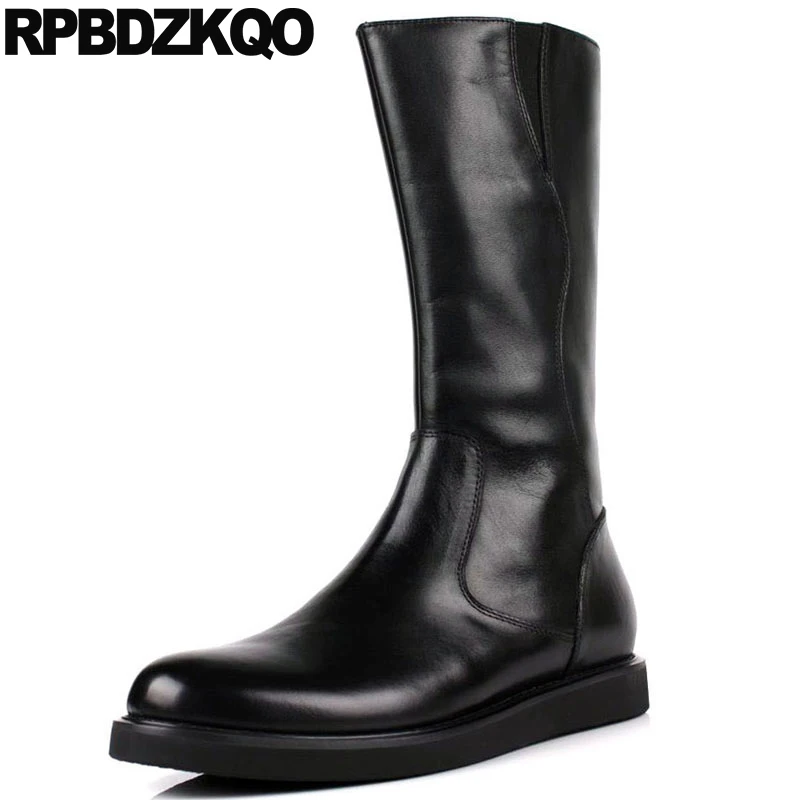 

2022 Mid Calf Boots Men's Shoes Zip Up Full Grain Leather Zipper Genuine Fur Black Trending Luxury Male Winter Fall Riding Flat