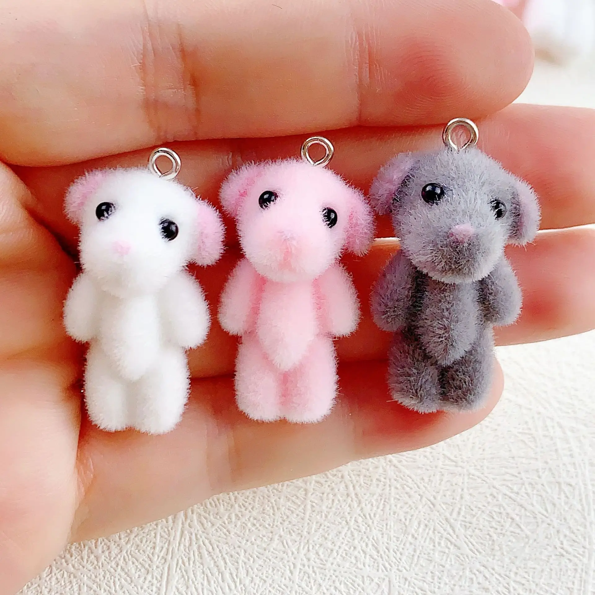 30Pcs 3D Cute Flocking Bear Charms Cartoon Animal Resin Bear Pendant Earring Keychain Accessories For DIY Crafts Jewelry Make