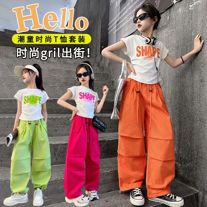 Kids Hip Hop T-shirt Solid Cargo Pants Child Summer Short Sleeve Crop Top Street Dance Joggers Streetwear Girls Jazz Clothes Set