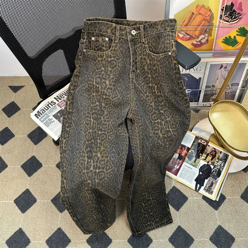 QICHE Men American High Street Leopard Wide Leg Jeans Designer Loose Straight Trendy Street Casual Pants