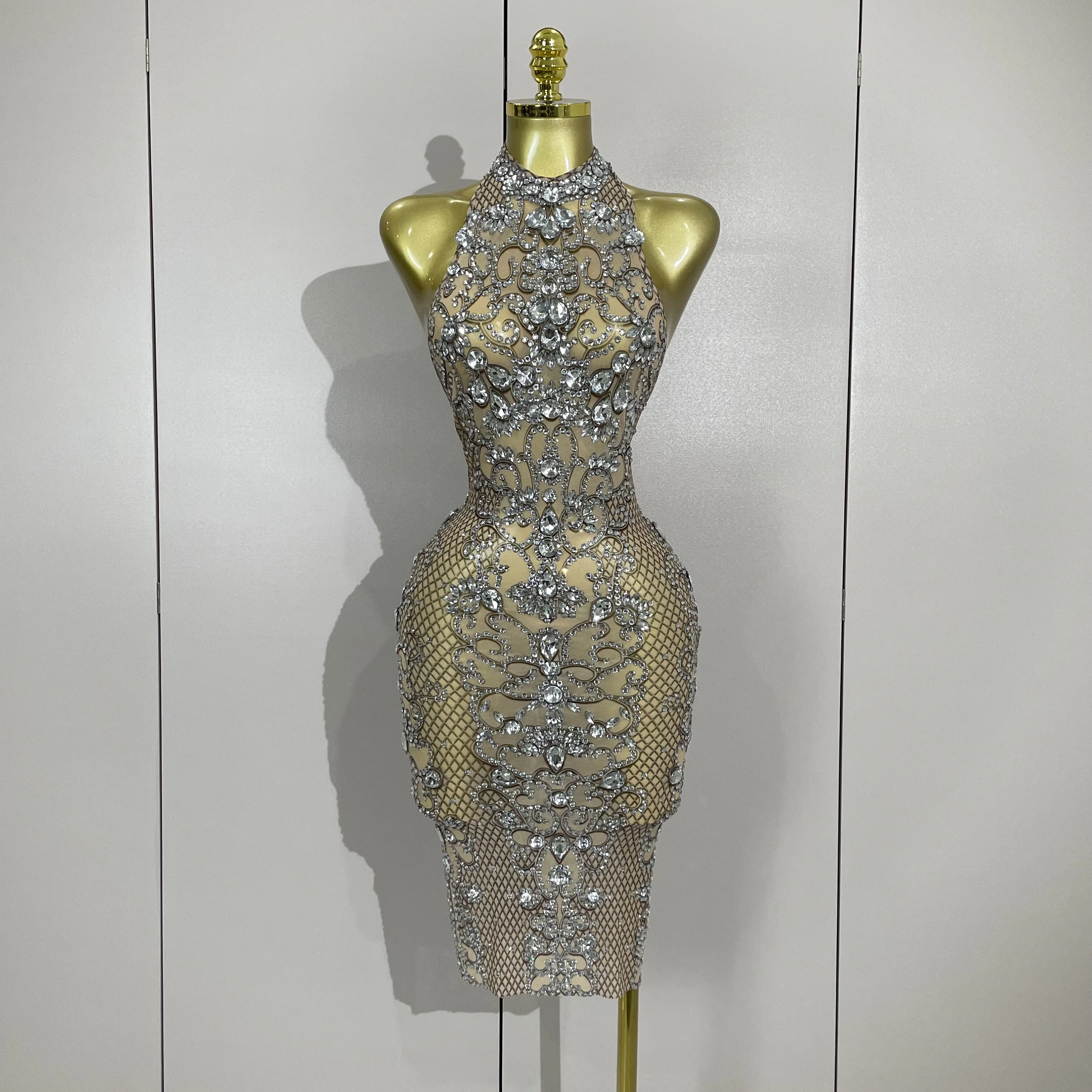 Sparkly Crystal Diamonds Print See Through Stretch Mesh Jurk Dames Avond Verjaardagsfeestje Danser Sexy Nachtclub Toneelkostuum - afbeelding 2