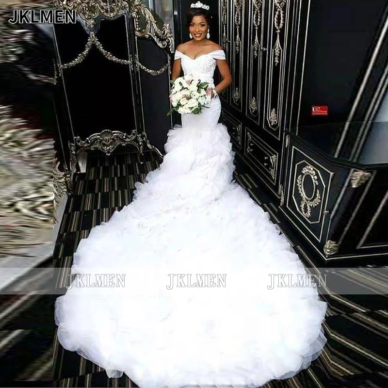 Puffy Ruffles Long Train Wedding Dresses 2024 Corset Back Lace Beads Mermaid Bridal Gown Custom Made