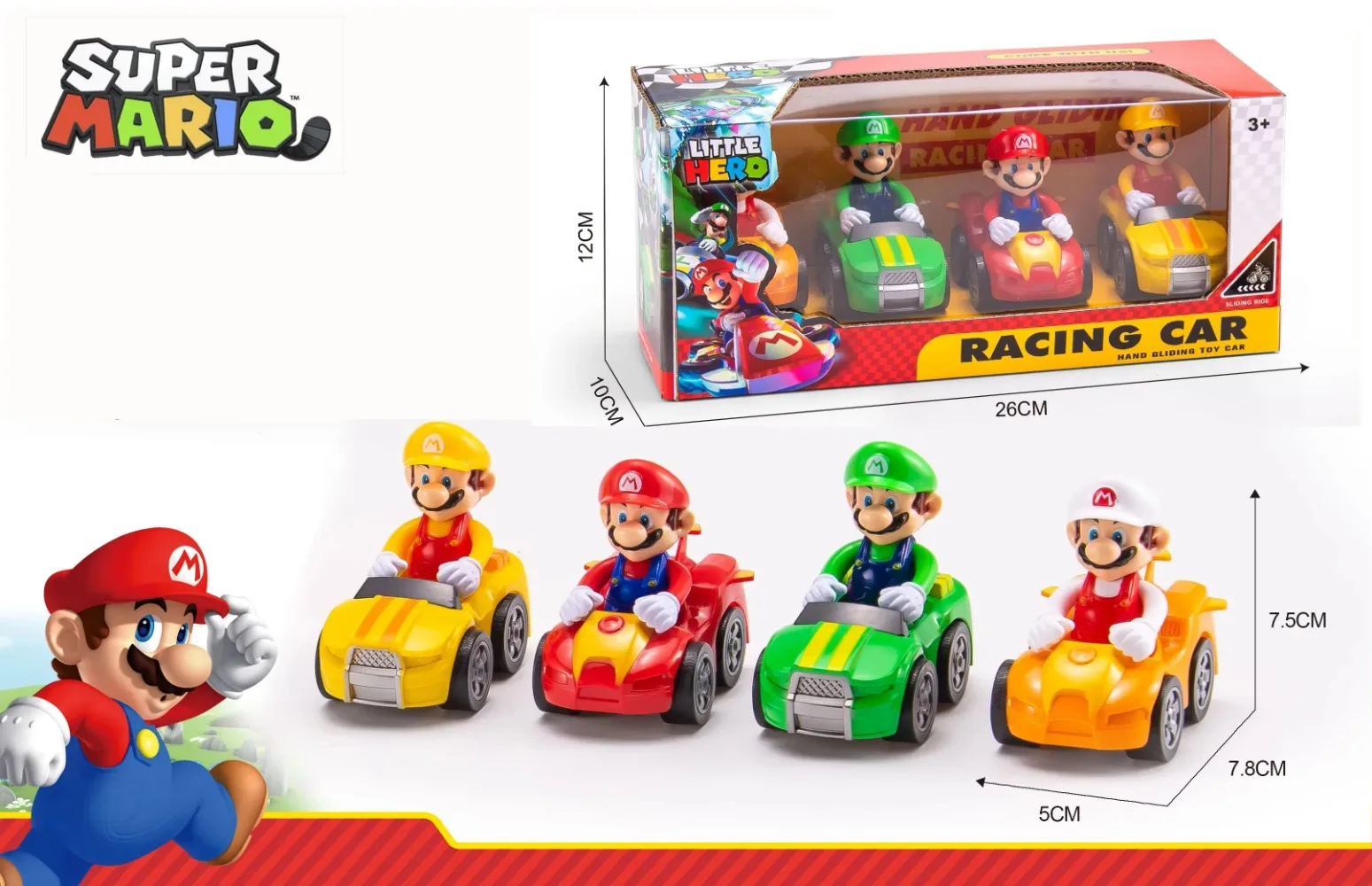 Original Super Mario Karting Model Toys Mario Bros 4pcs/set Anime Action Figure Slide Car Ornaments Children Birthday Gifts