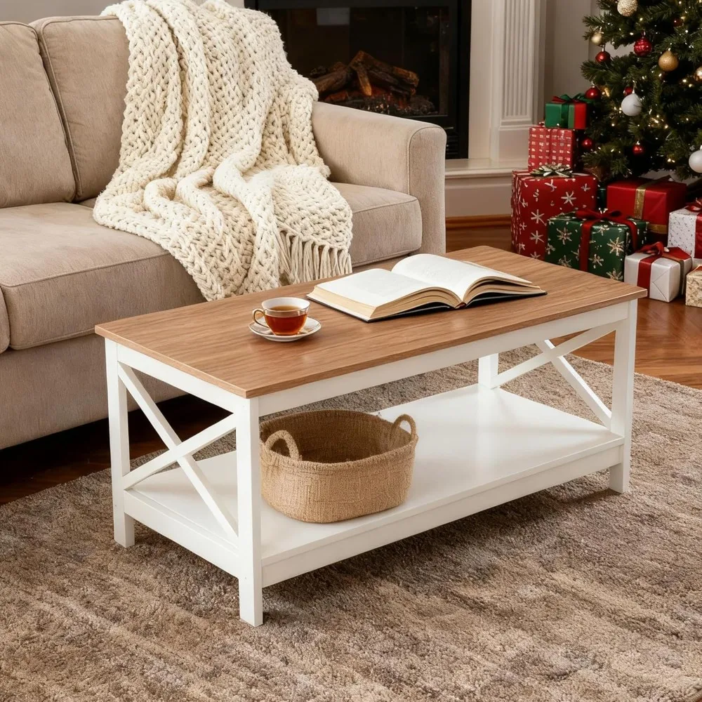 Farmhouse Coffee Table 39'', 2-Tier Coffee Table Set with Storage for Living Room, X-Frame Design Rustic Center Tabl