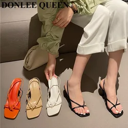 2022 New Summer Square Toe Slingback Sandals Narrow Band Gladiator Shoes Women High Heels Pumps Party Dress Shoes Sandales Mujer