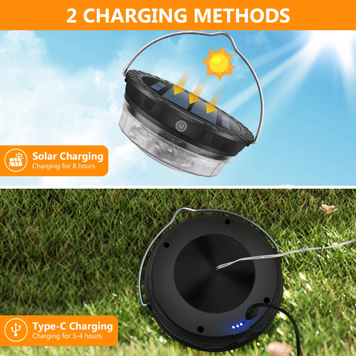 Camping String Light Solar /USB Rechargeable Waterproof Hanging Outdoor Camping Lantern with 3 Lighting Mode Portable Tent Light